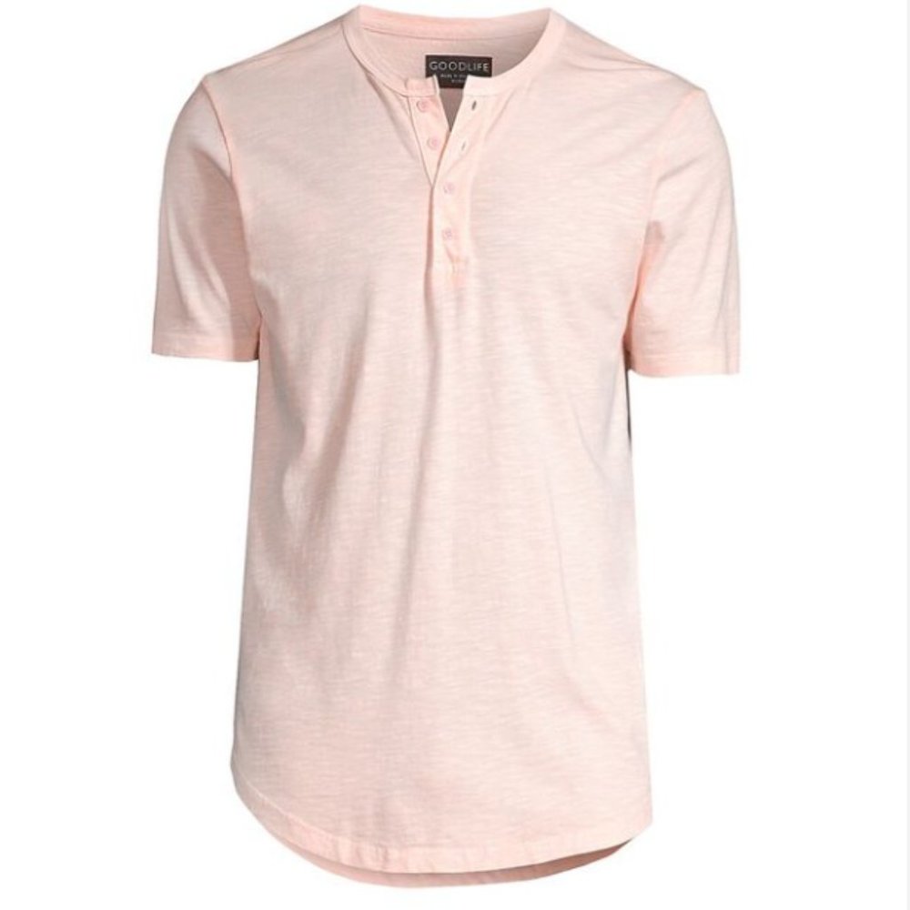GOODLIFE Mens Sun-Faded Slub Scallop S/S Henley Tee Size L - Barely Pink NWOT